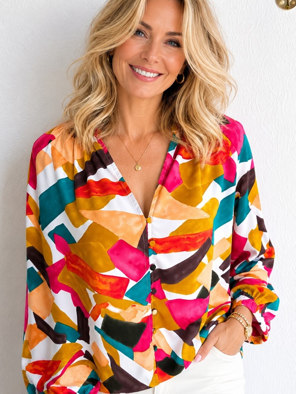 entro Multicolor Abstract Buttondown V-Neck Blouse, Wide Longsleeves, Sz Small